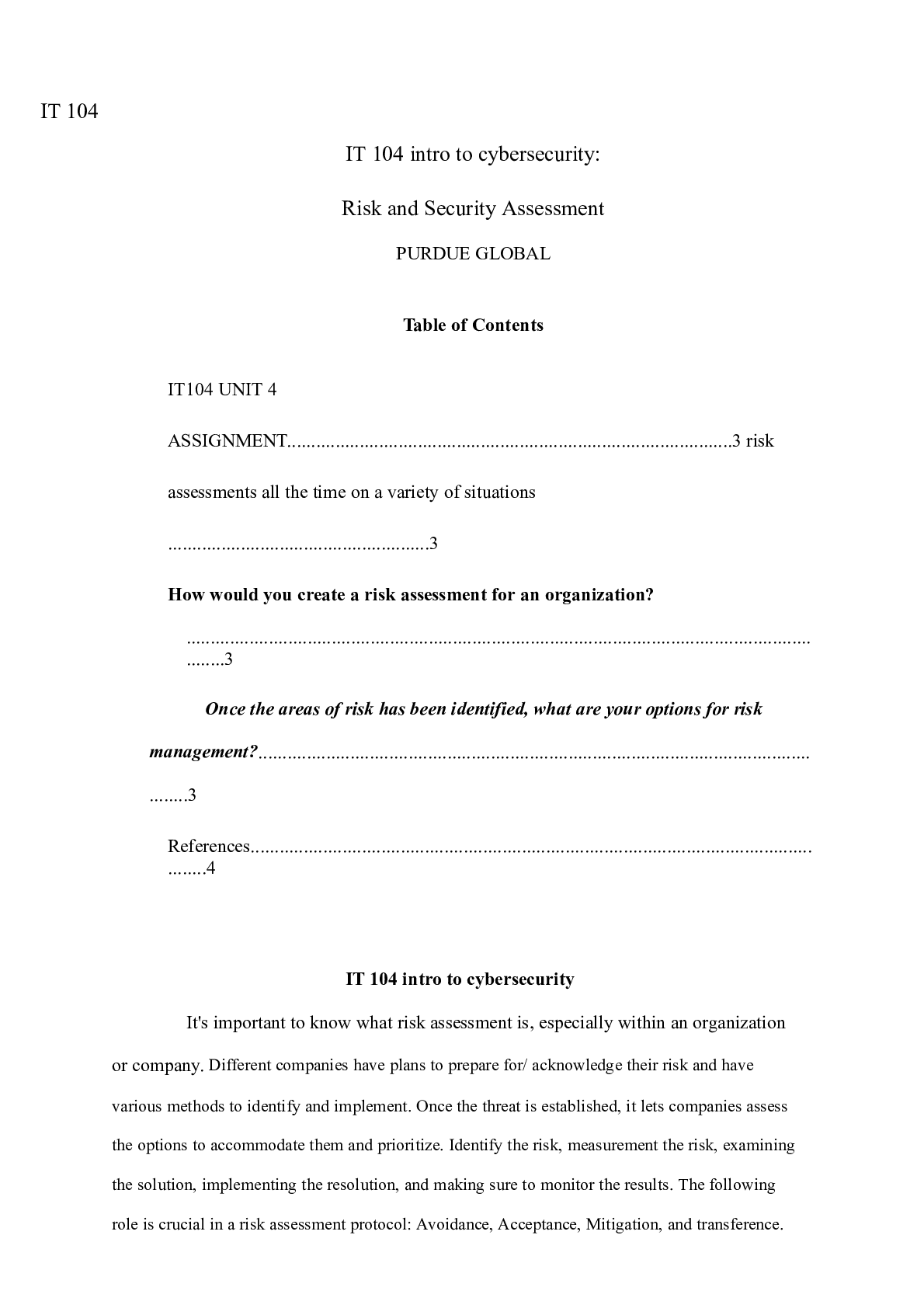 Preview image for IT104 Unit 4   Assignment.docx  IT 104  IT 104 intro to cybersecurity:   Risk and Security